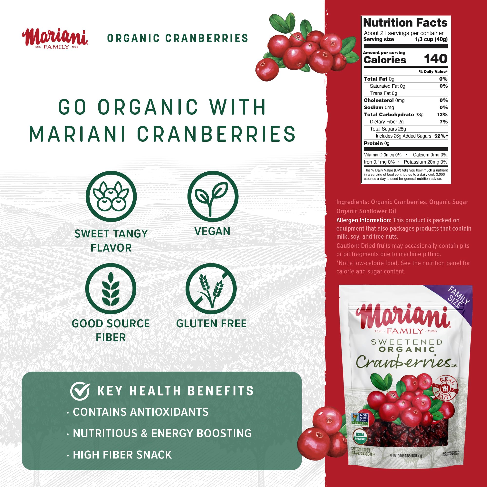 Mariani Organic Dried Cranberries, 30oz, Bulk Family Size Value Pack, Sweetened Organic Cranberries Dried Fruit, Vegan, Gluten-Free
