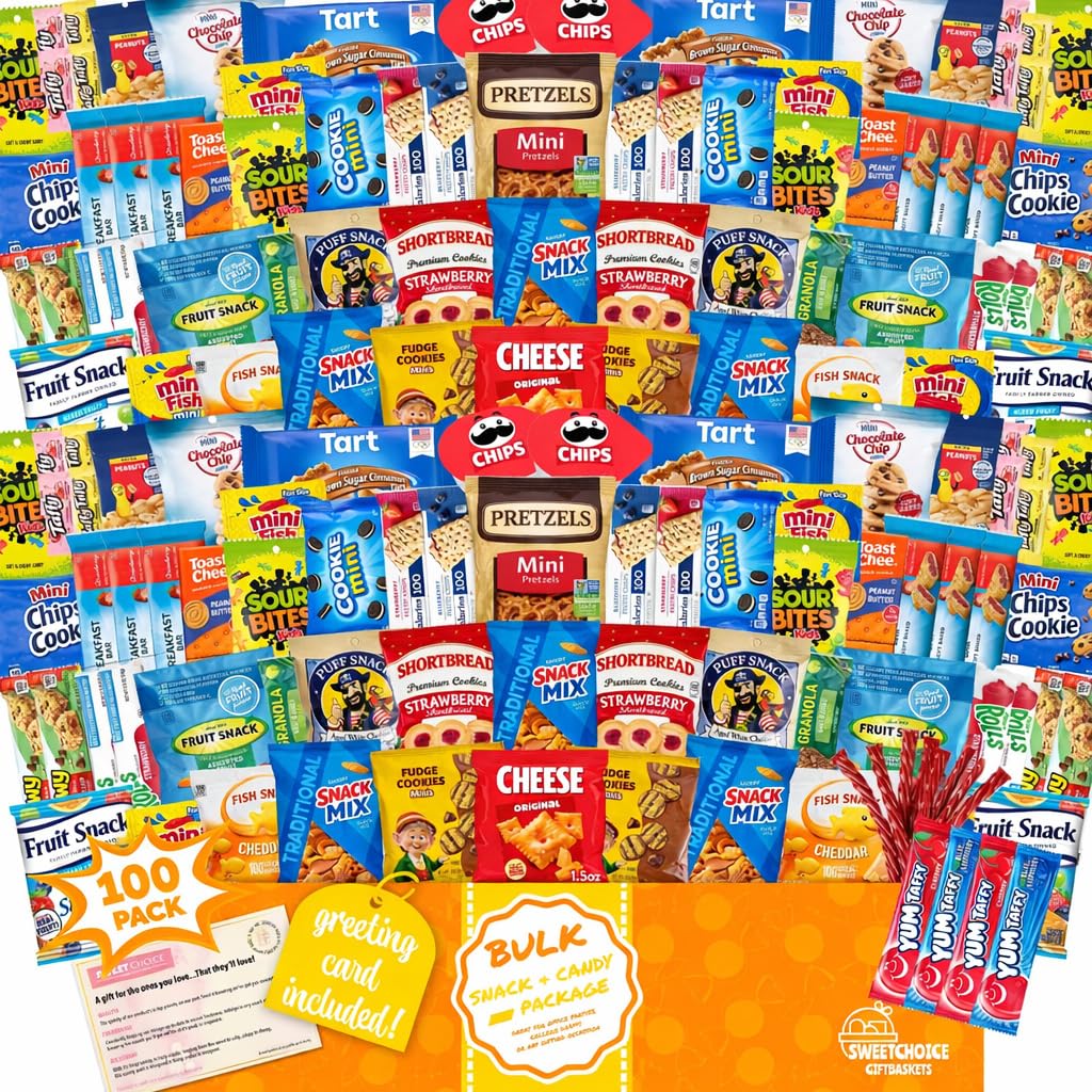 Snacks Variety Pack for Adults, Kids & Teens (100 Count) - Snack Box Variety Pack with Chips, Cookies & Bars - Bulk Snacks Gift Box, Care Package