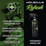 Molecule Refresh Spray | Performance Apparel Care | Cleans and Deodorizes Racing Suites & Technical Fabrics | Signature Fresh Scent | 4 Ounces