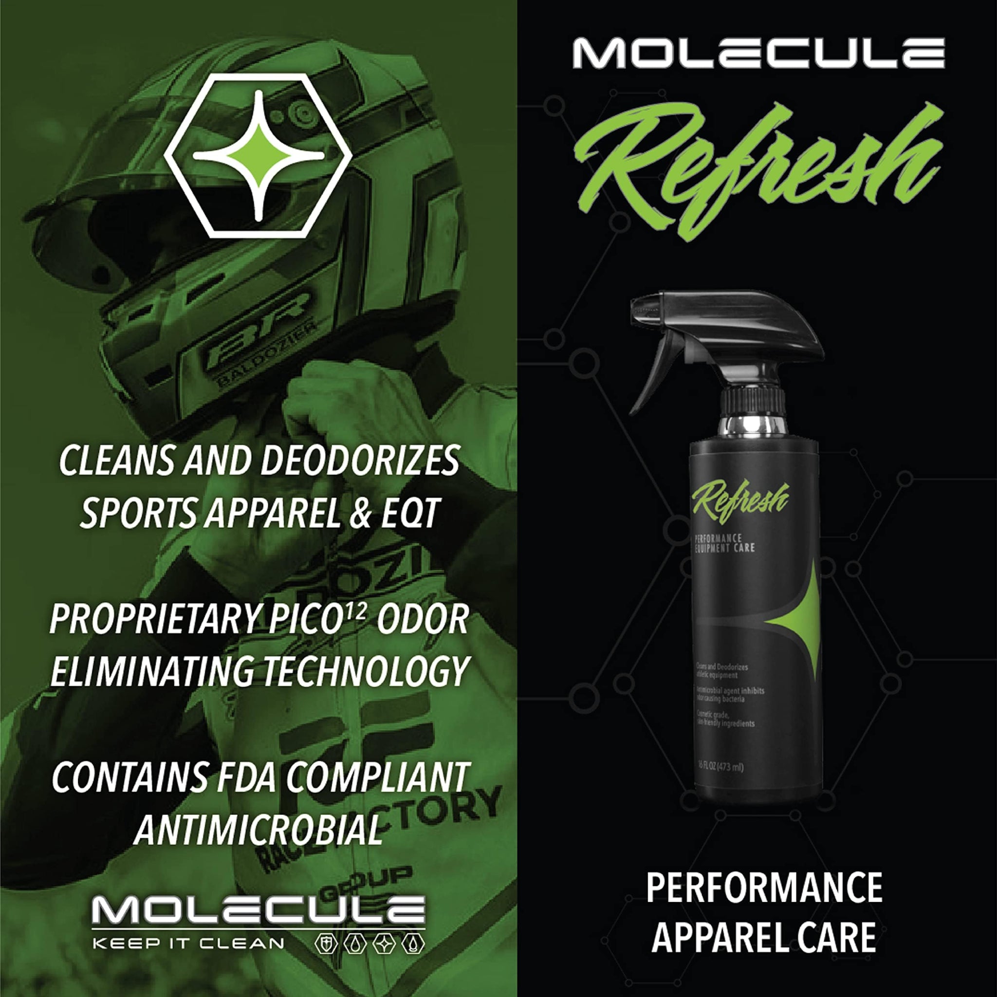 Molecule Refresh Spray | Performance Apparel Care | Cleans and Deodorizes Racing Suites & Technical Fabrics | Signature Fresh Scent | 4 Ounces