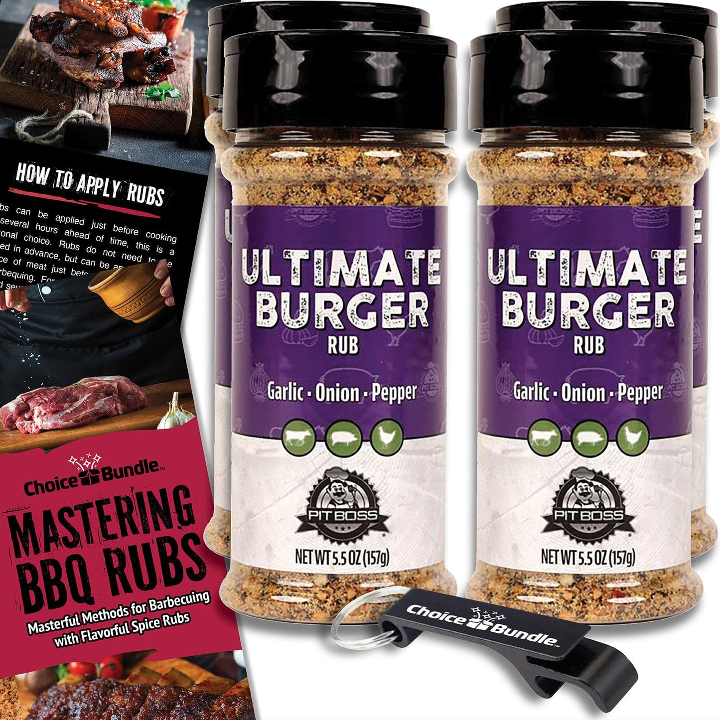 Pit Boss Ultimate Burger Premium BBQ Barbecue Mixed Seasoning Spice & Rub 4 pk Choice Bundle (22 oz) + Guide & Keychain Bottle Opener (6 Items)!