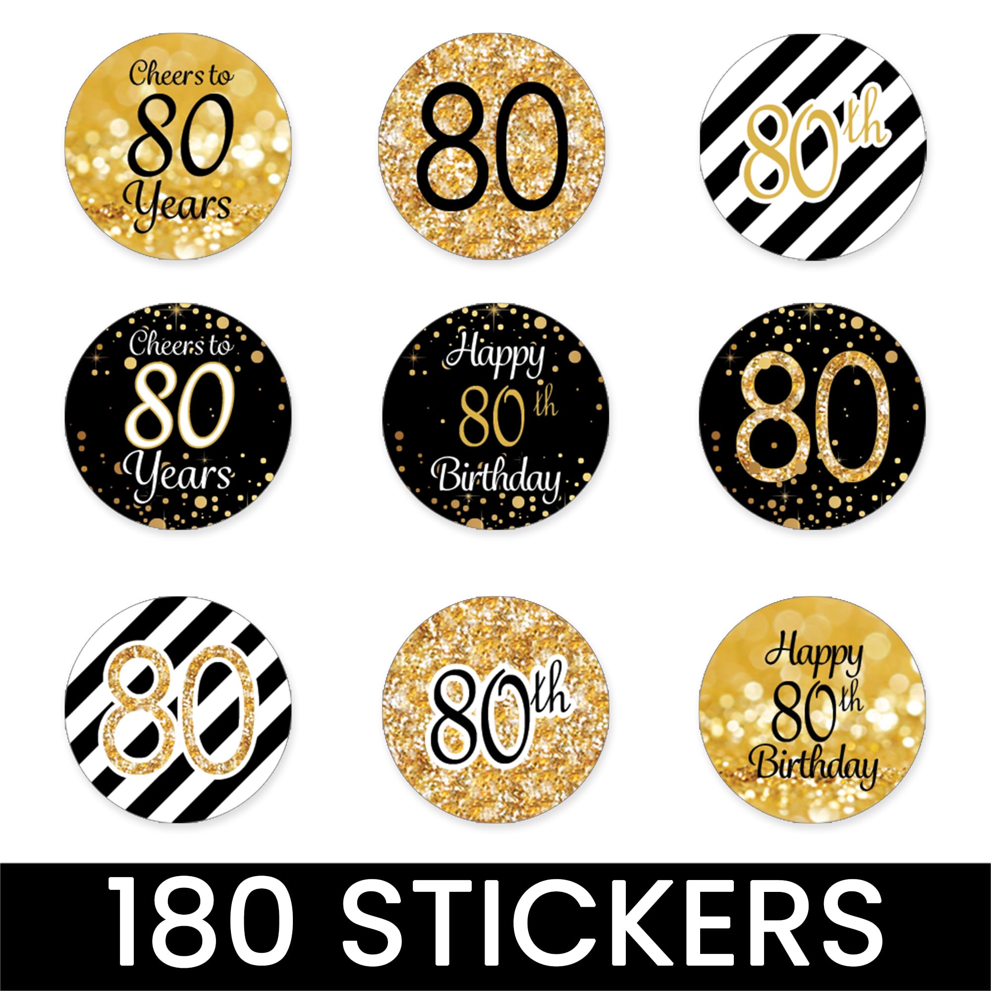Black and Gold 80th Birthday Stickers - Chocolate Kisses Candy Party Favor Labels, 80th Birthday Decorations - 180 Count