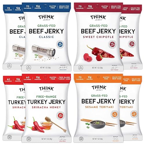 Think Jerky Beef and Turkey Jerky Variety Pack, Classic, Sweet Chipotle, Sriracha Honey, Sesame Teriyaki, Healthy Meat Snack, Low Calorie Low Fat