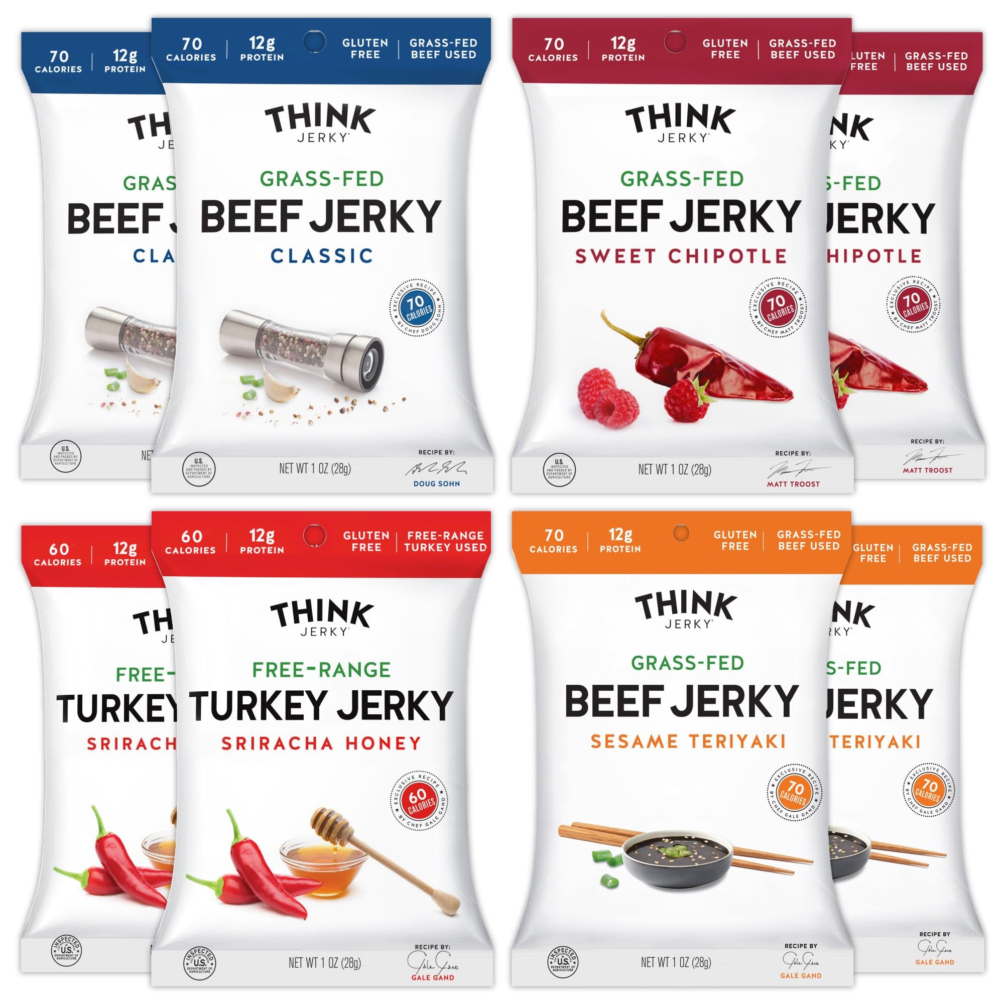 Think Jerky Beef and Turkey Jerky Variety Pack, Classic, Sweet Chipotle, Sriracha Honey, Sesame Teriyaki, Healthy Meat Snack, Low Calorie Low Fat