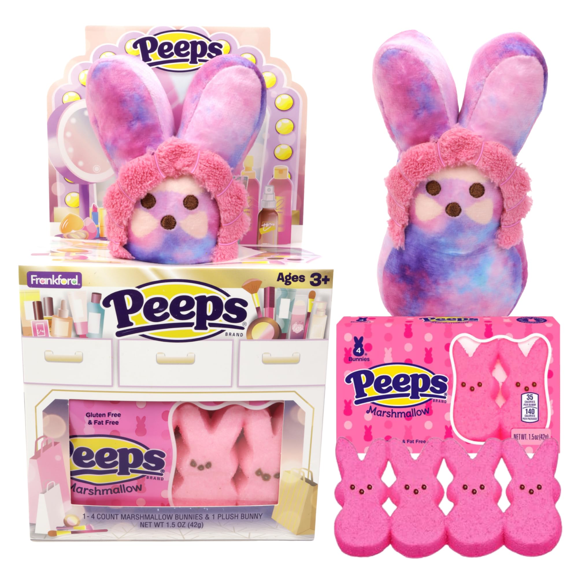 Pink Peeps Marshmallow Gift Set, Get Ready With Me Bunny Plush, Easter Basket Stuffer for Girls, 1.5 Ounces