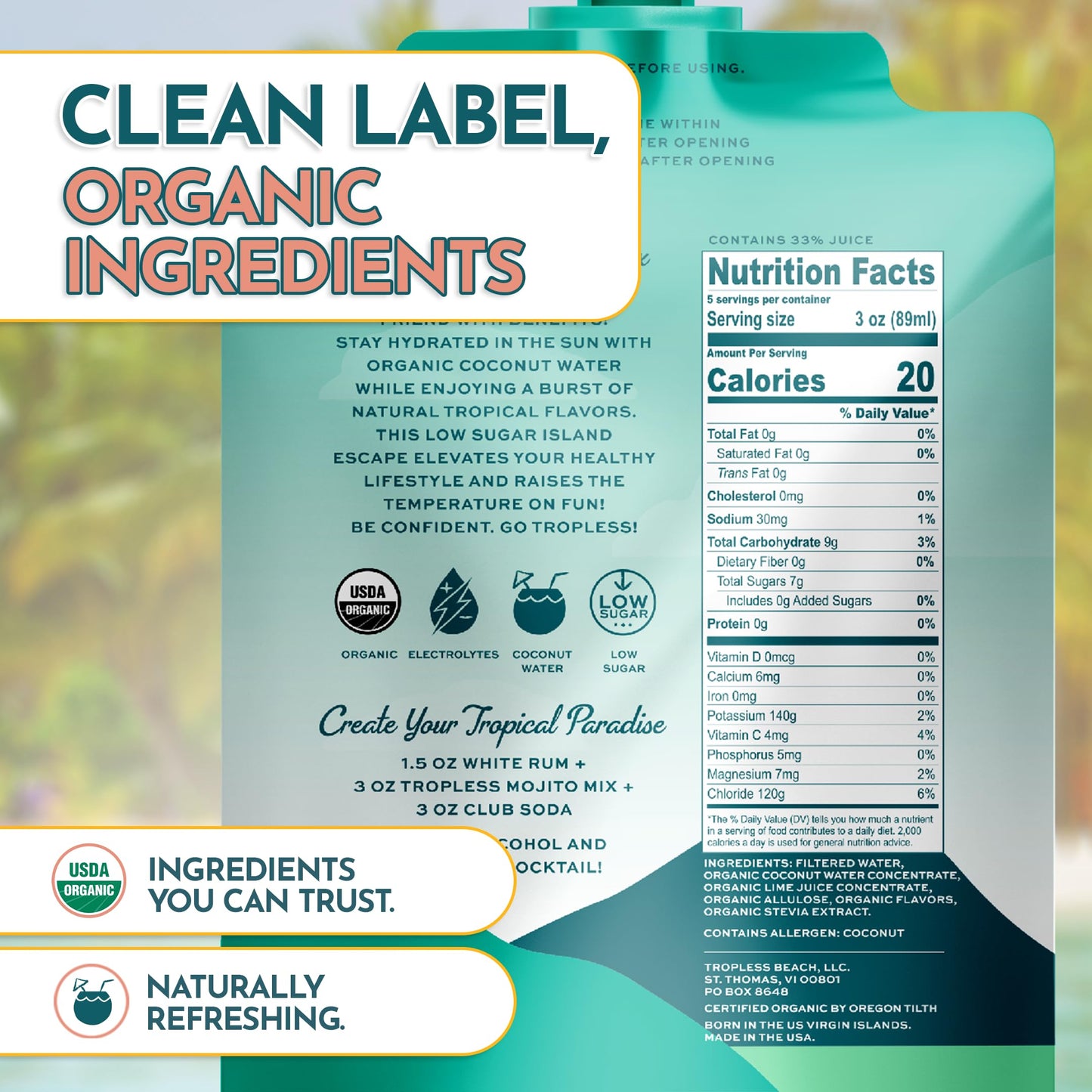 TROPLESS Healthy Mojito Mix, No Sugar Added, Plant-Based Sweeteners, 5 Organic Ingredients, Powered with Hydrating Coconut Water and Electrolytes