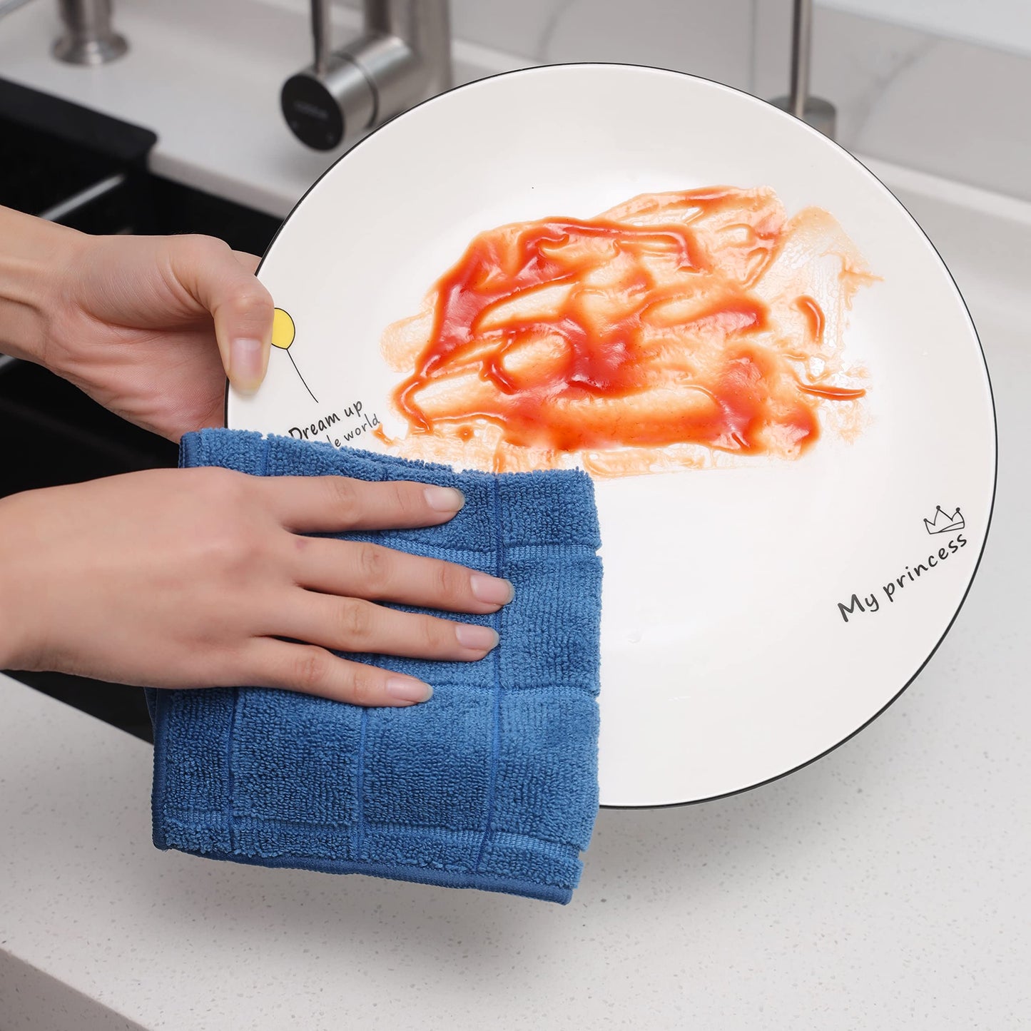 Alcoztily Microfiber Terry Dish Rags Set of 6, Super Absorbent and Lint Free Dish Cloths for Household, 11 x 11 Inches (Navy Blue, 6)