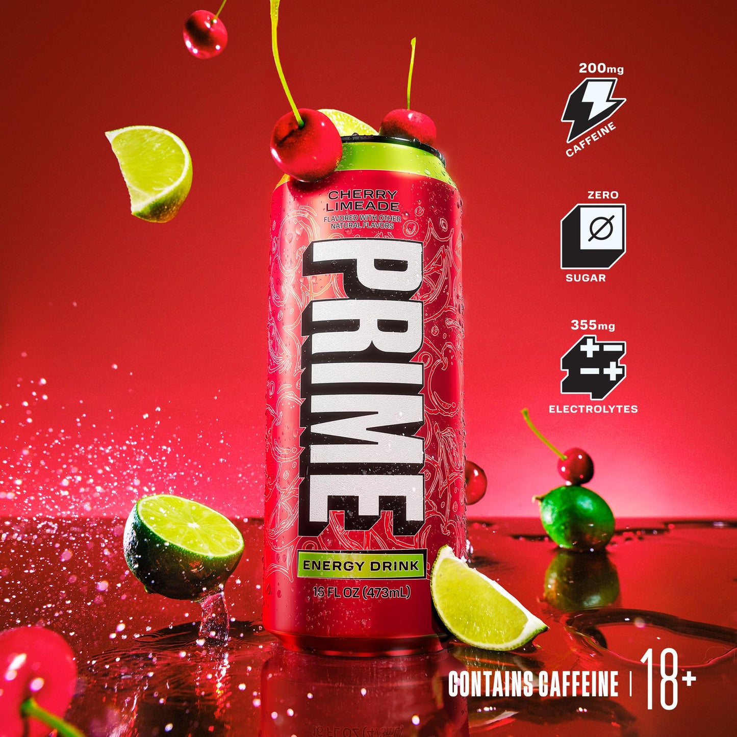 PRIME Energy CHERRY LIMEADE, Sugar Free Energy Drink, 200mg Caffeine and 355mg of Electrolytes for Hydration, Low Calorie, Vegan, Gluten Free, 16