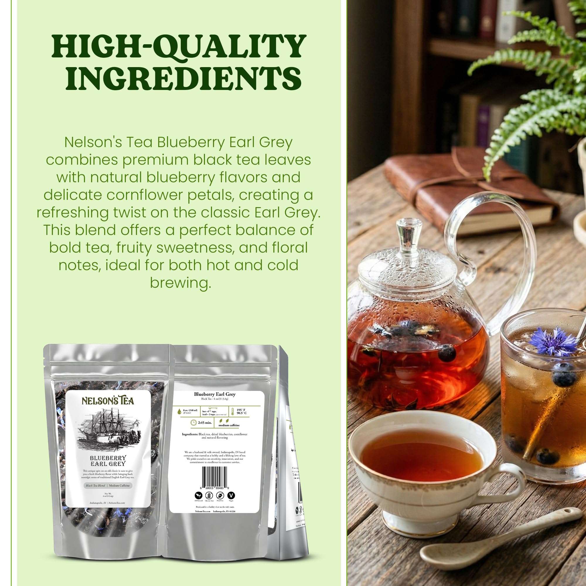 Nelson's Tea Blueberry Earl Grey Loose Leaf Tea w/Blueberries & Cornflower Petals - 4oz Refreshing Twist on Classic Earl Grey w/Natural Flavors