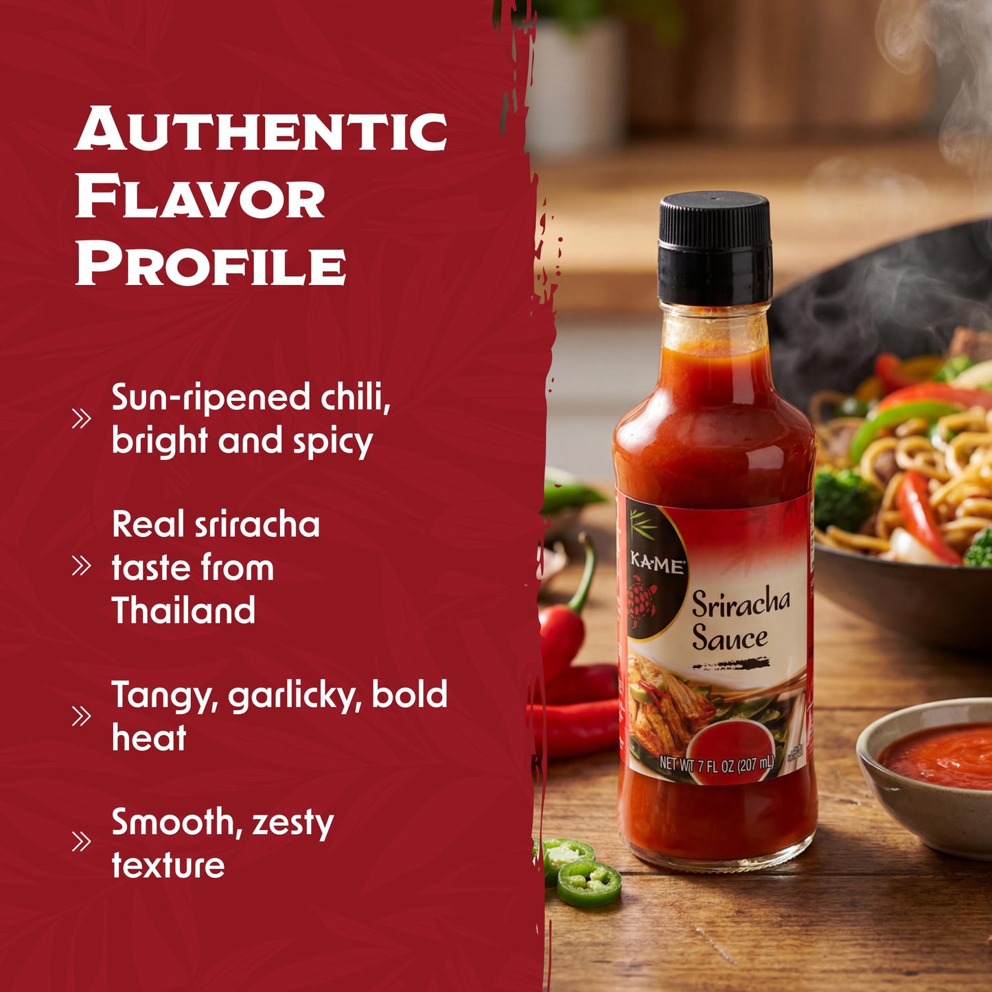 KA-ME Sriracha Sauce - Sun-Ripened Chili Pepper Flavor - Bold and Versatile - Perfect for Dipping Seafood and Enhancing Any Cuisine - 7 fl oz