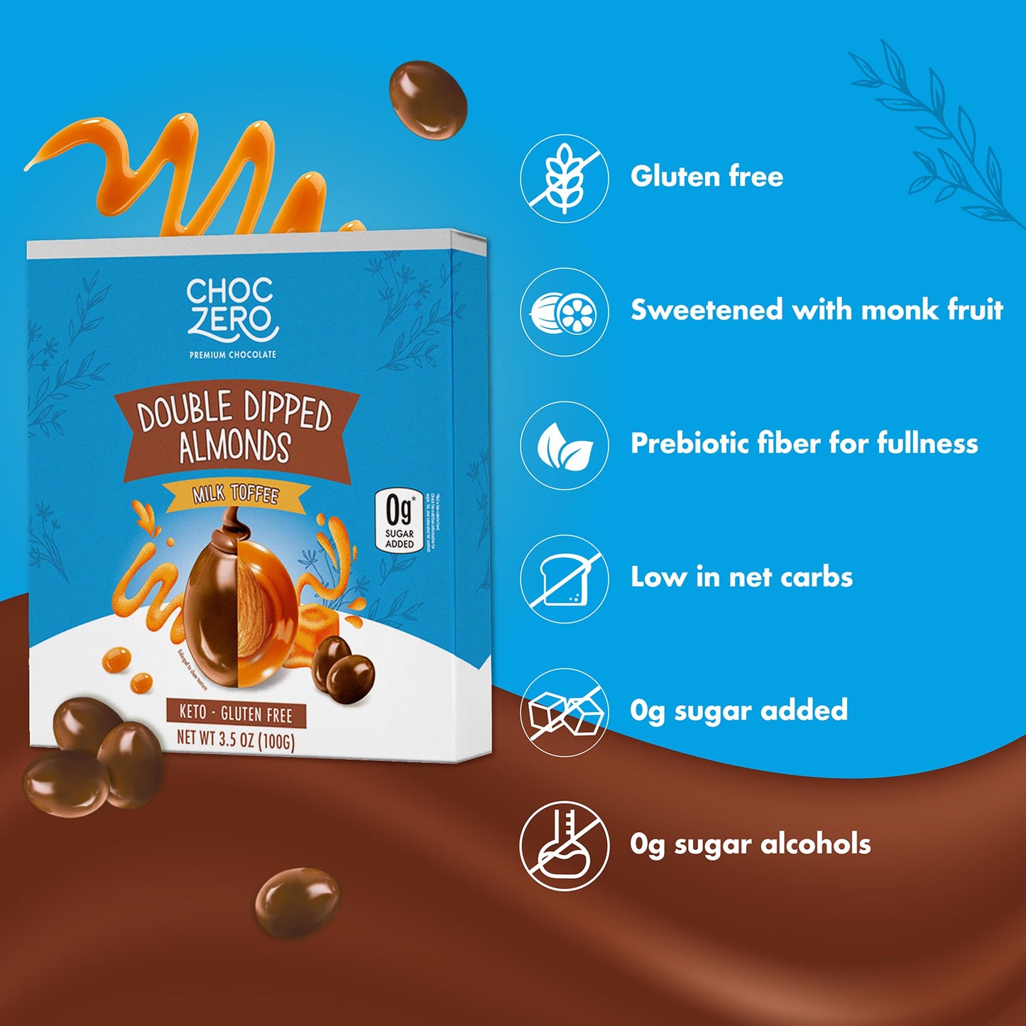 ChocZero Milk Chocolate Toffee Almonds - Roasted Nuts Covered in Sugar-Free Brittle, No Sugar Added, Keto Friendly, High Fiber, Low Sugar Snack