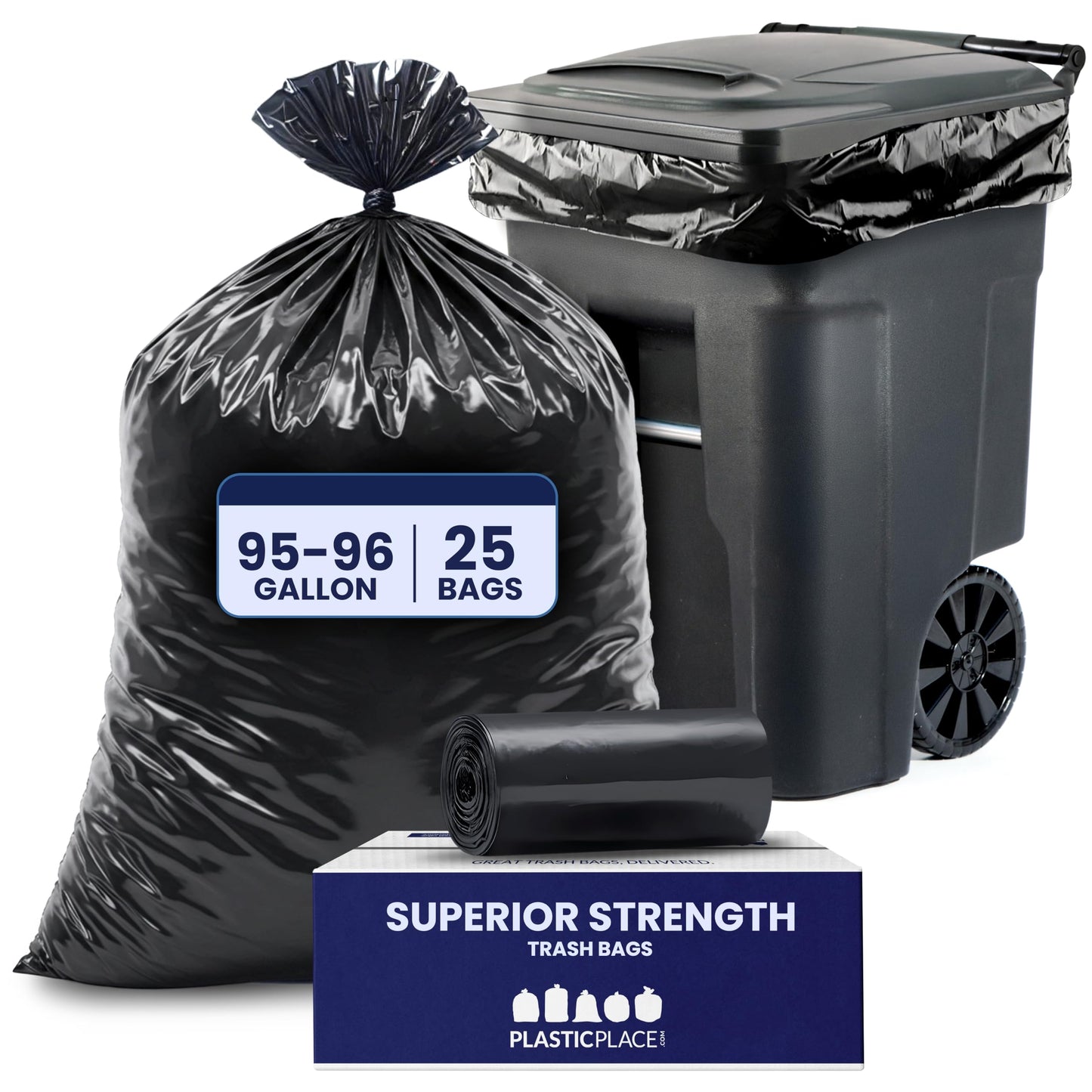 Plasticplace 95-96 Gallon Garbage Can Liners Heavy Duty 1.5 Mil Black Trash Bags Tear-Resistant Outdoor Garbage Bags for Rollaway Bins Large 61" x 68"