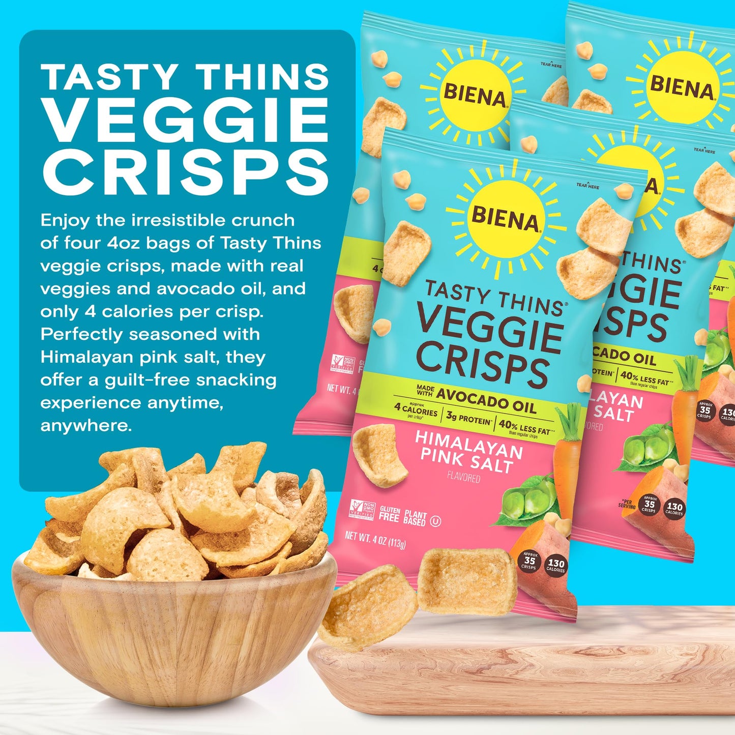 BIENA Tasty Thins Veggie Crisps - Made with Avocado Oil - Low Calorie Veggie Chips for Adults and Kids - 4-Pack, 4 Ounce Bags - Himalayan Pink Salt