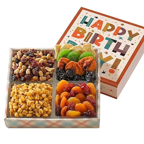 Broadway Basketeers Happy Birthday Dried Fruit and Nuts Gift Basket - Gourmet Dried Fruits And Nuts Snack Assortment - Happy Birthday Gift Basket