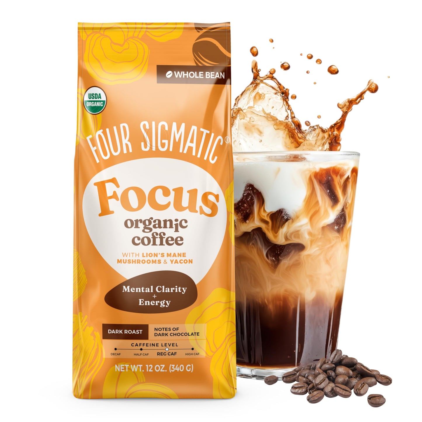 Four Sigmatic Dark Roast Organic Whole Bean Coffee | Gourmet Nootropic Mushroom Coffee Beans with Lion's Mane & Chaga Mushrooms for Enhanced Brain