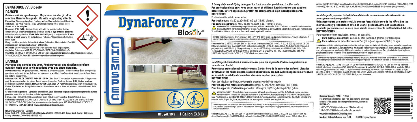 Chemspec Dynaforce 77 with Biosolv, Professional Carpet Cleaning Detergent for Commercial and Residential Carpet, 1 Gal (C-LF771G)