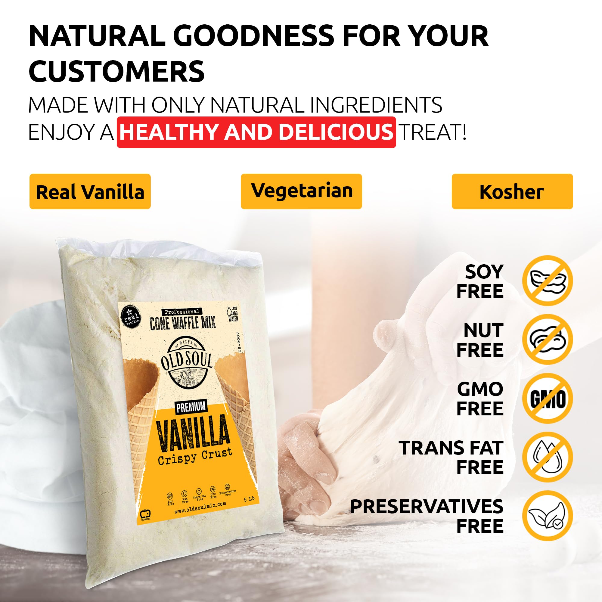 OLDSOUL Professional Cone Waffle Mix | Vanilla Flavour | Batter Mix | 5 Lbs | 112 Waffles (5 Lbs, Traditional)