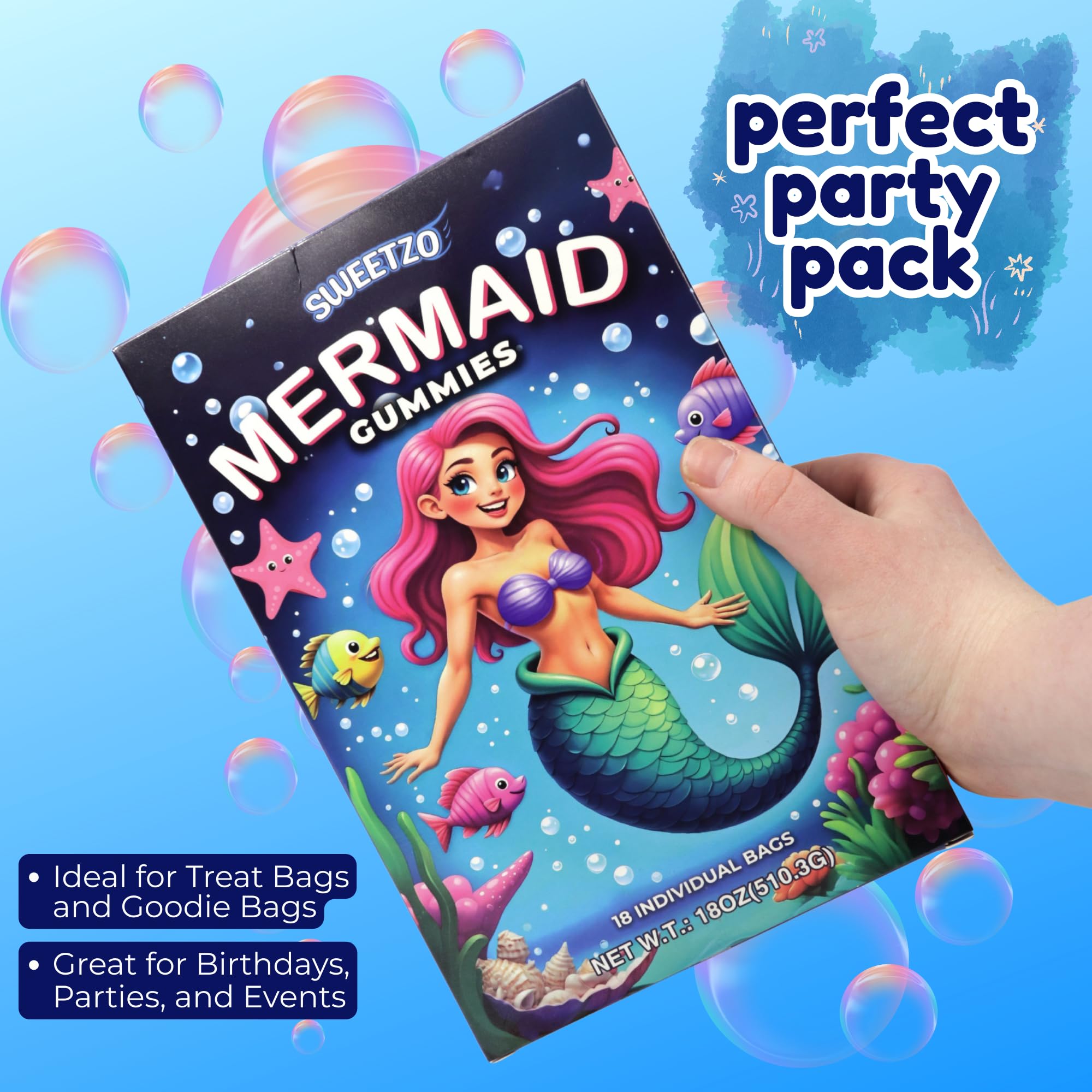 Mermaid Gummy Candy, Individual Bags for Birthday Parties, Assorted Fruit Flavors, Party Favor Treats, 18 Count