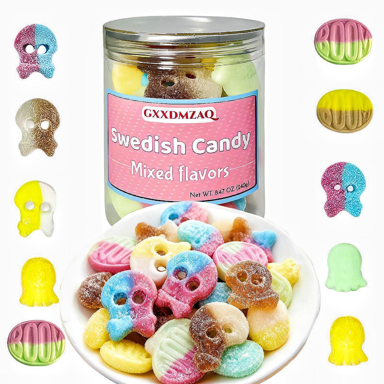 Bubs Swedish Candy Mix 8.5 OZ - Assorted Sour & Sweet Chewy Gummy & Foam Candies from Sweden - Big Skulls, Ovals, Pacifiers with Tropical, Strawberry