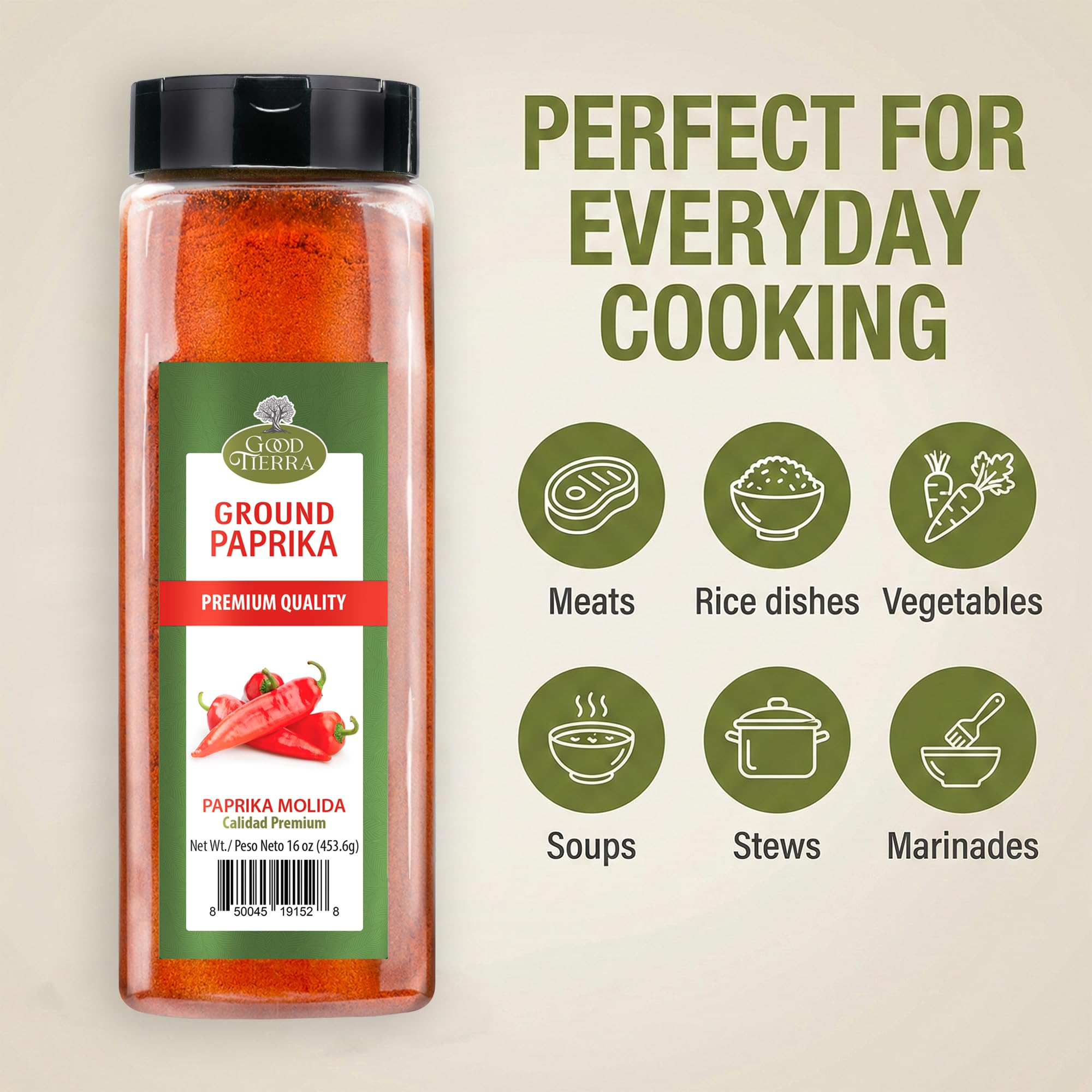 Good Tierra Ground Paprika Powder 16 oz - Sweet & Hot Paprika Spice for Cooking, Spices and Seasonings, Bulk Culinary Pepper