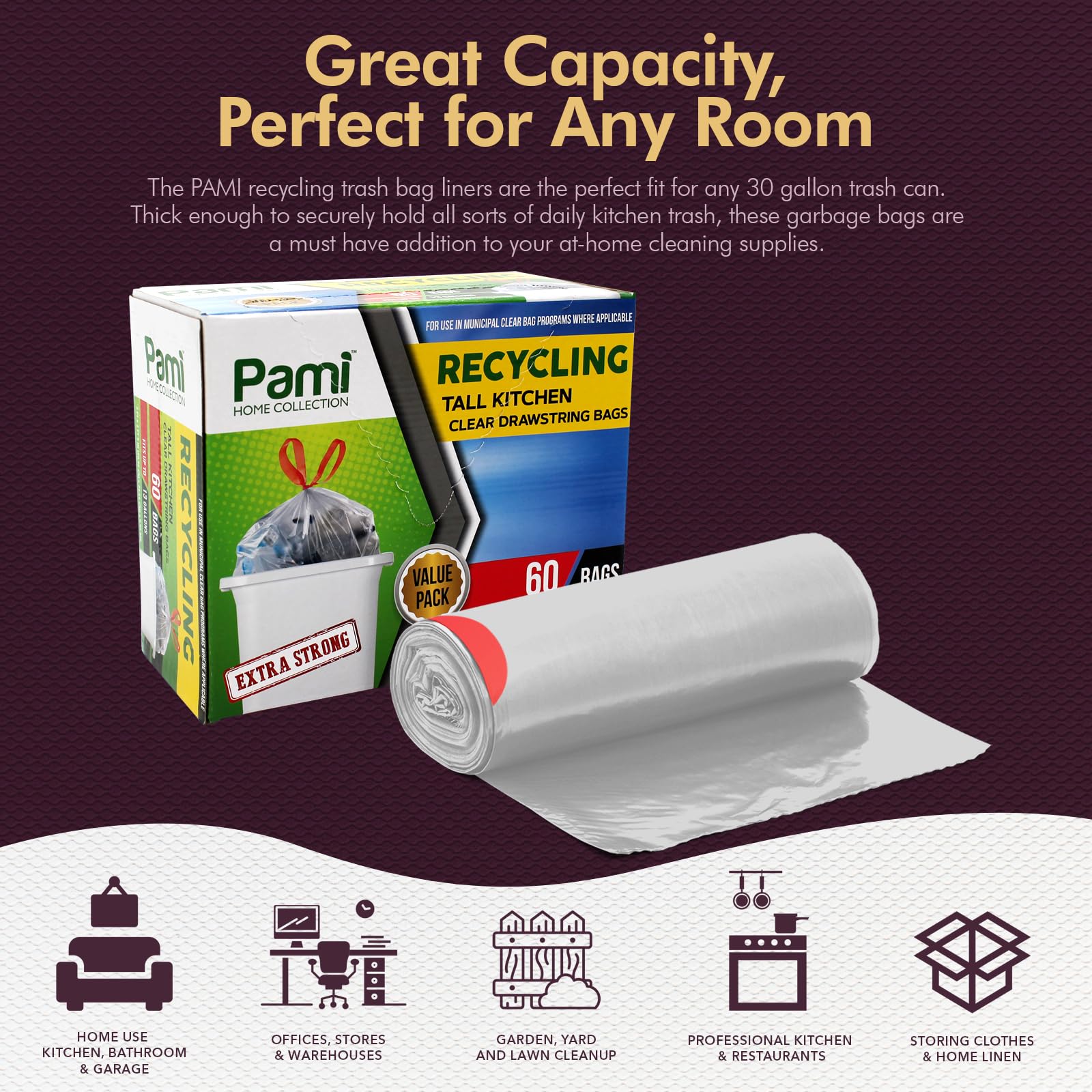 PAMI Recycling Tall Kitchen Drawstring Trash Bags- Extra-Strong Plastic Garbage Bags- Thick Trash Can Liners For Kitchen & Outdoor Bins- 2ft x2ft
