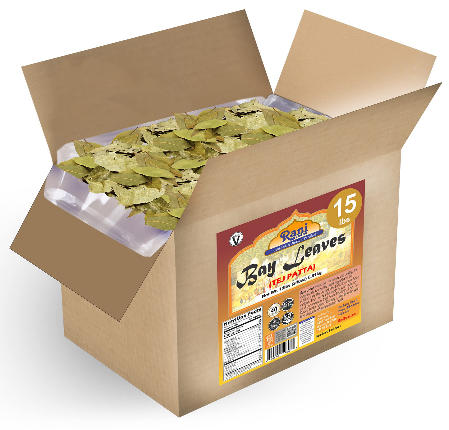 Rani Bay Whole Leaf (Leaves) Spice Hand Selected Extra Large 240oz (15lbs) 6.81kg Bulk Box ~ All Natural | Gluten Friendly | NON-GMO | Kosher | Vegan