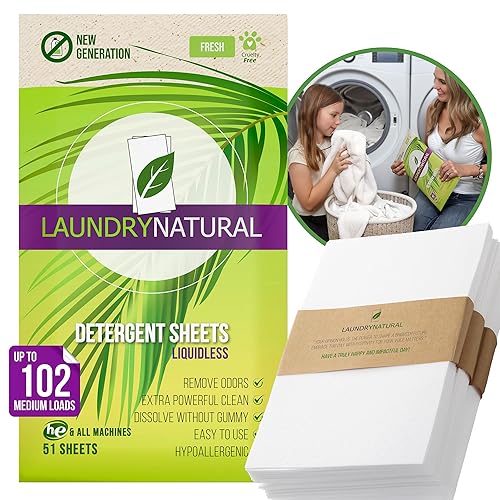 LAUNDRYNATURAL Laundry Detergent Sheets - Premium Wash & Enzymatic - Eliminate Sweat Odors - Hypoallergenic - Fresh Scent (102 loads) 51 Laundry