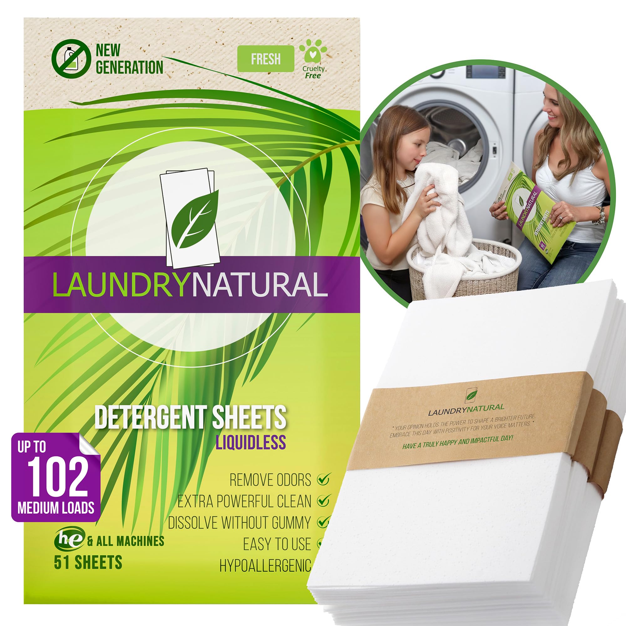 LAUNDRYNATURAL Laundry Detergent Sheets - Premium Wash & Enzymatic - Eliminate Sweat Odors - Hypoallergenic - Fresh Scent (102 loads) 51 Laundry