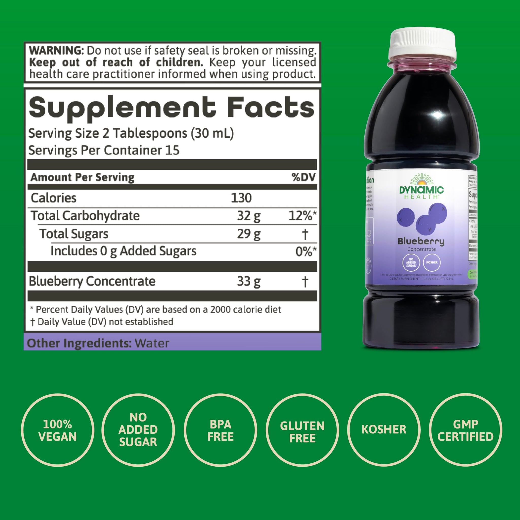 Dynamic Health Blueberry Concentrate, 100% Concentrate, Unsweetened, No Additives, Brain Function, Antioxidant Support, Vegan, Gluten Free, Non-GMO