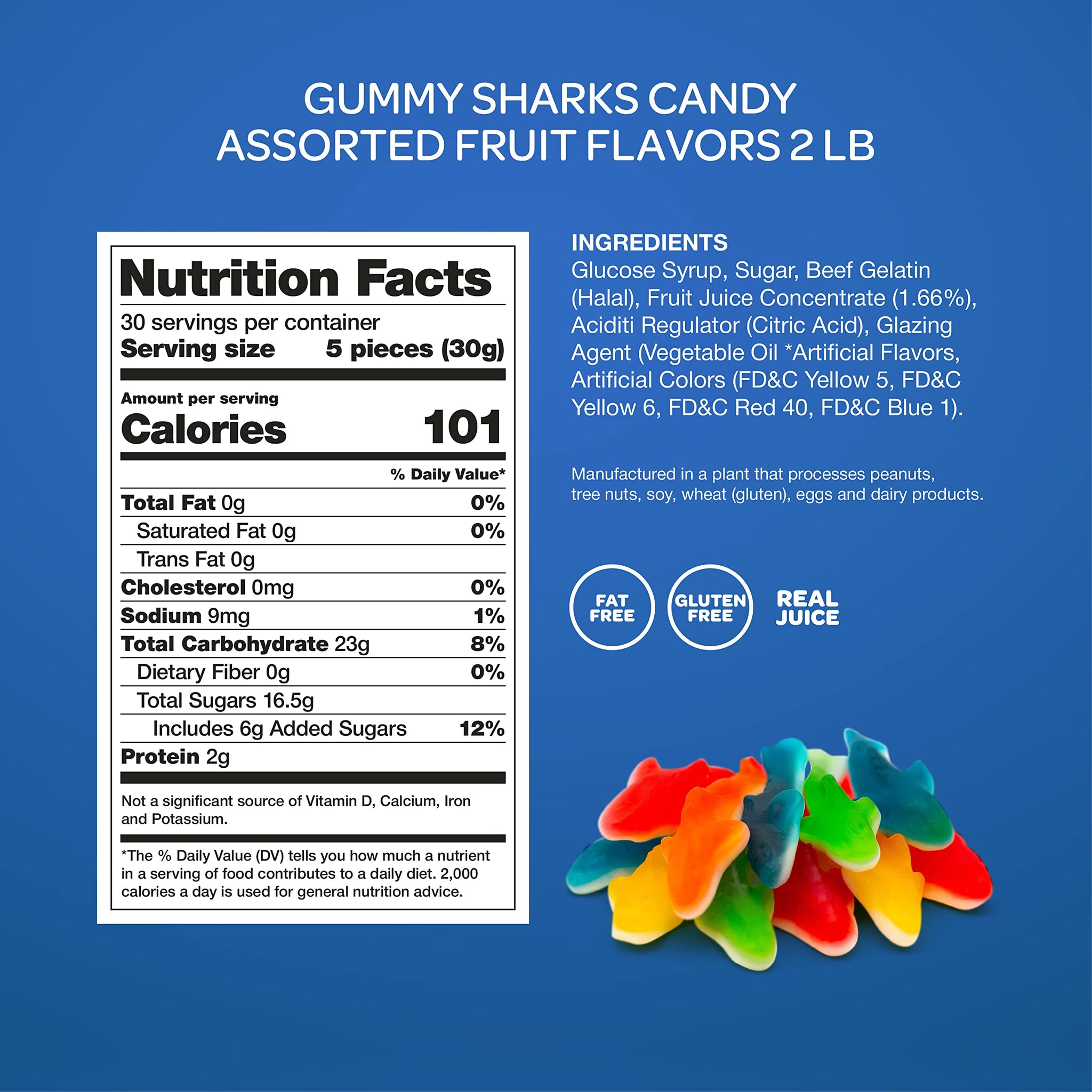 Gummy Sharks Candy - 2 Pound Bulk Pack (About 150 Count) - Assorted Fruit Flavors