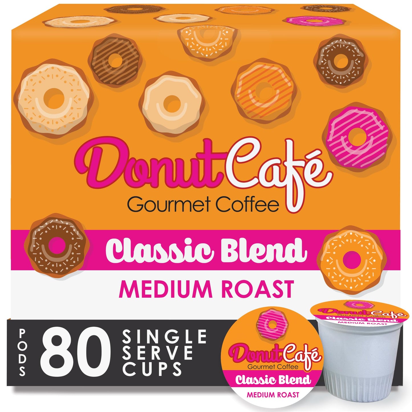 Donut Café - Coffee Gourmet Pods, Classic Blend, Medium Roast - Non-GMO, Gluten Free - Compatible with Keurig K Cup Brewers - Smooth & Delicious - 80