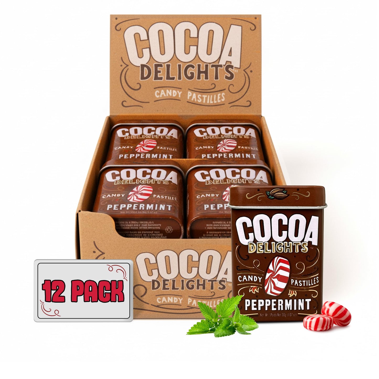 Cocoa Delights Chocolate Peppermint Candy Pastilles - 30 Count Tin (Pack of 12) | Vegan, Gluten Free & Kosher Certified | Travel Size Bulk Candy Tins