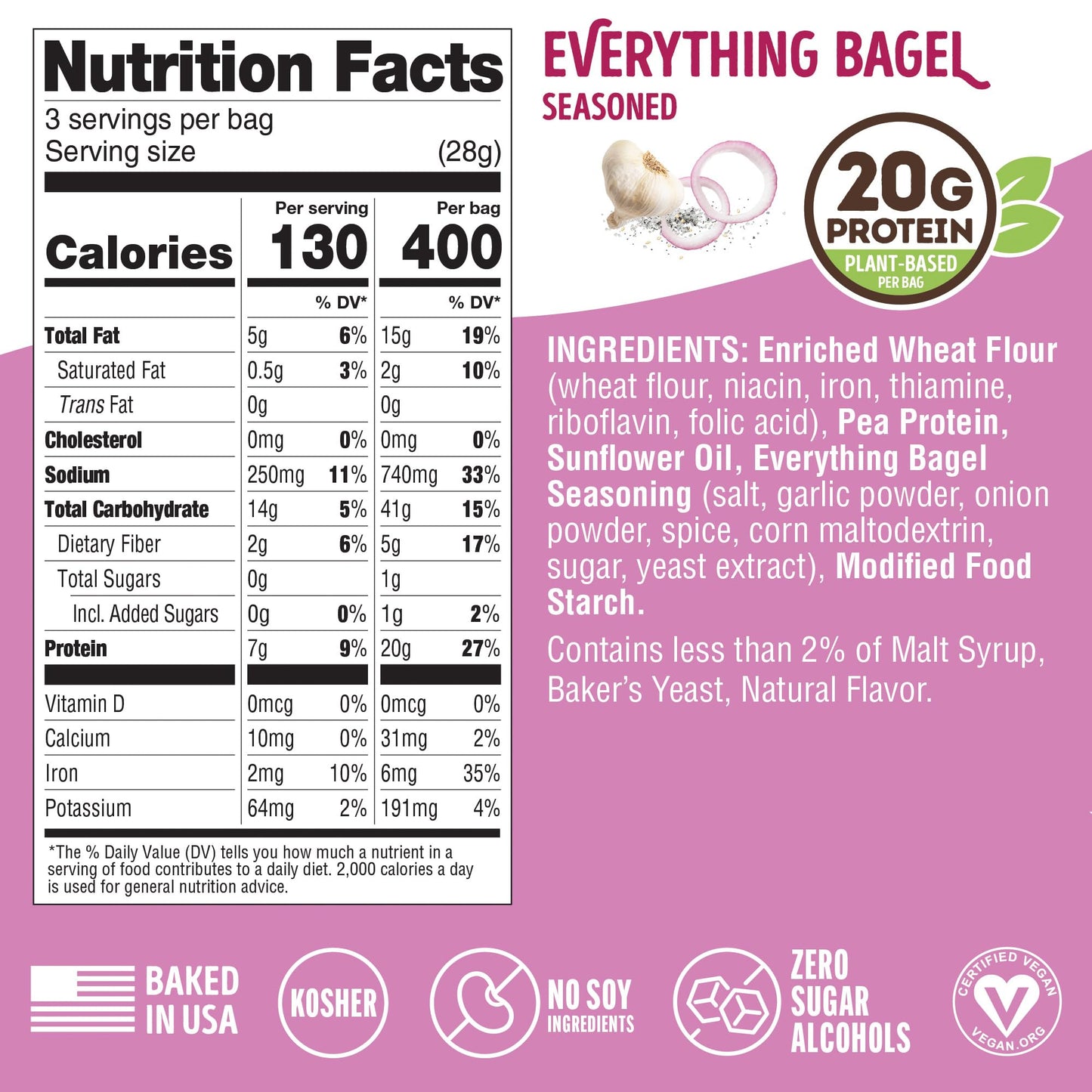 Lenny & Larry's FITZELS Protein Pretzels (Everything Bagel) 8 Individual Bags 3 oz Each - High Protein Snacks with 20g of Plant Based Protein