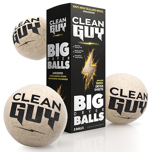 Clean Guy Wool Dryer Balls XL 3-Pack- Natural Fabric Softener, Reusable Laundry Dryer Balls -Reduce Drying Time, Static & Wrinkles- Hypoallergenic