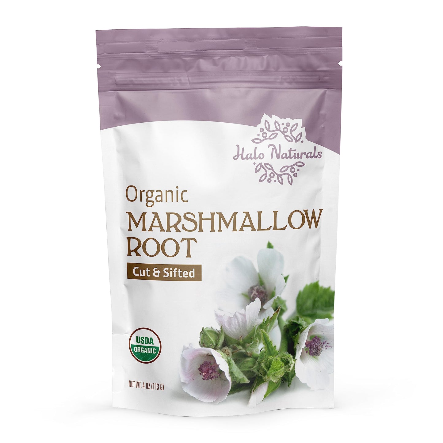 Halo Naturals Organic Marshmallow Root Cut & Sifted, 4 Ounces (Althaea officinalis) USDA Certified | Resealable Pouch| Packaged in The USA (Pack of 1)