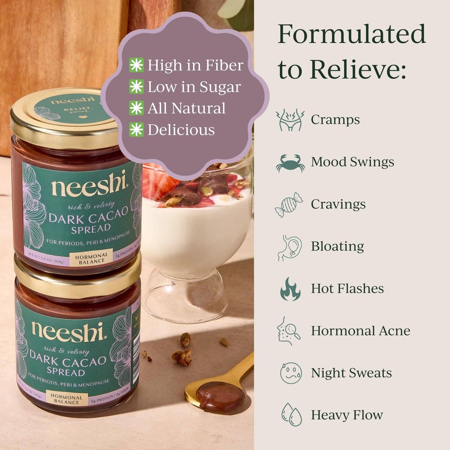 NEESHI Hormone Balancing Dark Cacao Spread for Women - Bloating Relief & Menopause Support - Low Sugar, Vegan, Gluten-Free, All Natural Superfood