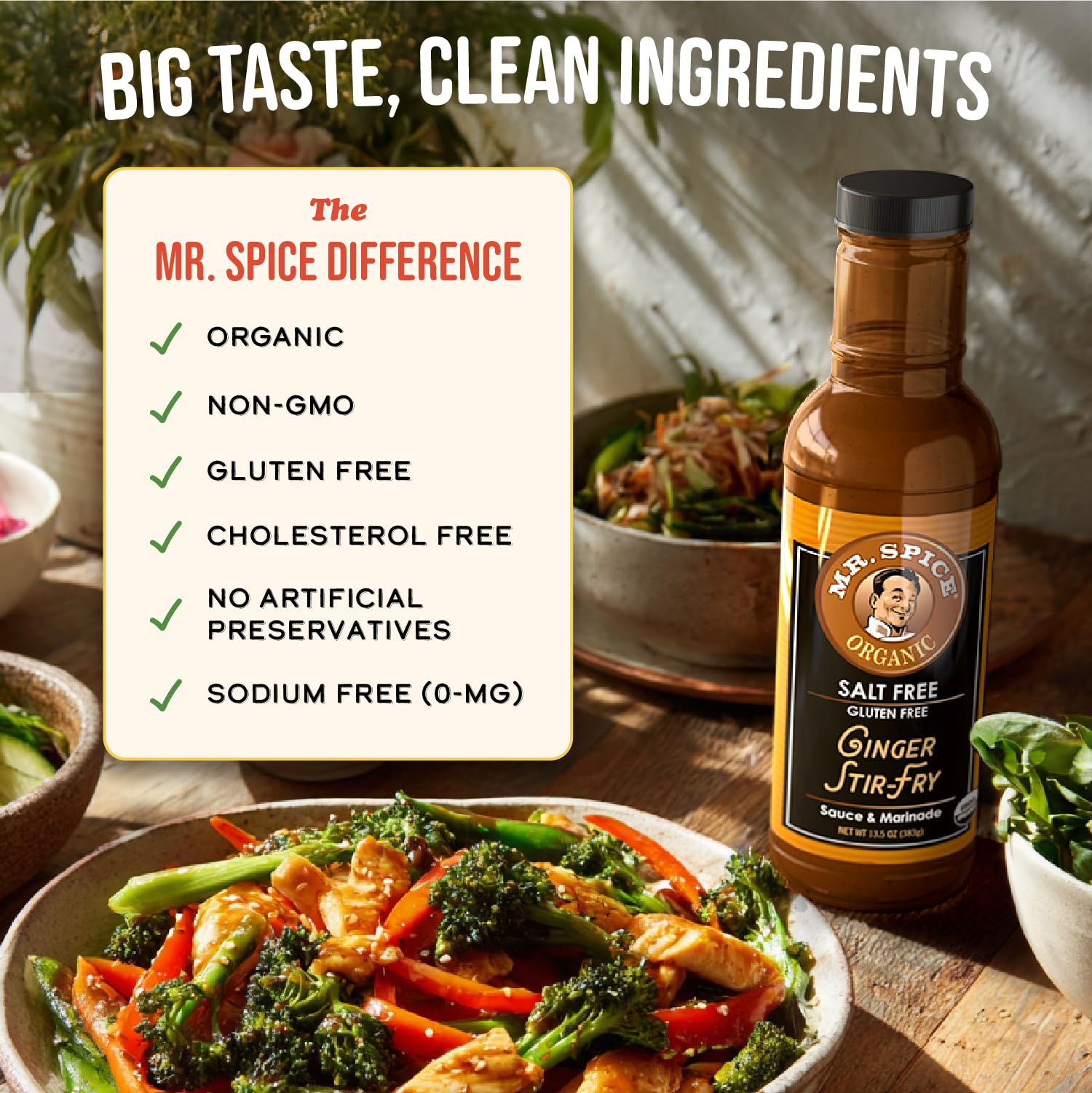 Mr. Spice Organic Ginger Stir Fry Sauce, Salt Free Stir Fry Sauce (0 mg/serving), Gluten Free, Low Sodium Sauces for Marinade, Wok & Air Fryer, No