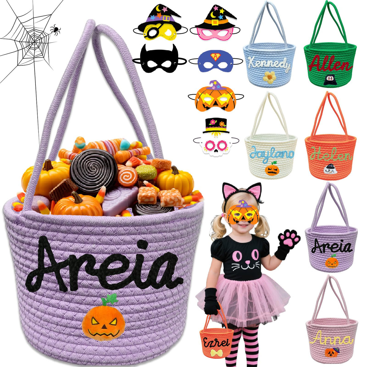 Personalized Halloween Basket Trick or Treat Bag Customized Name Custom Halloween Candy Buckets Gift for Boys Girls,Purple