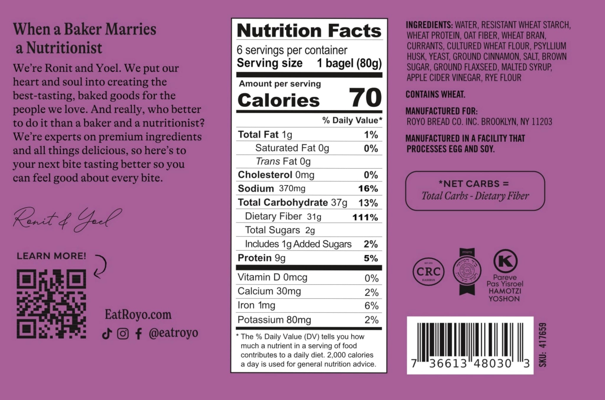 ROYO Classic Bagels, 70-80 Calories, 5-6G Net Carbs,10G Protein (Cinnamon Raisin)