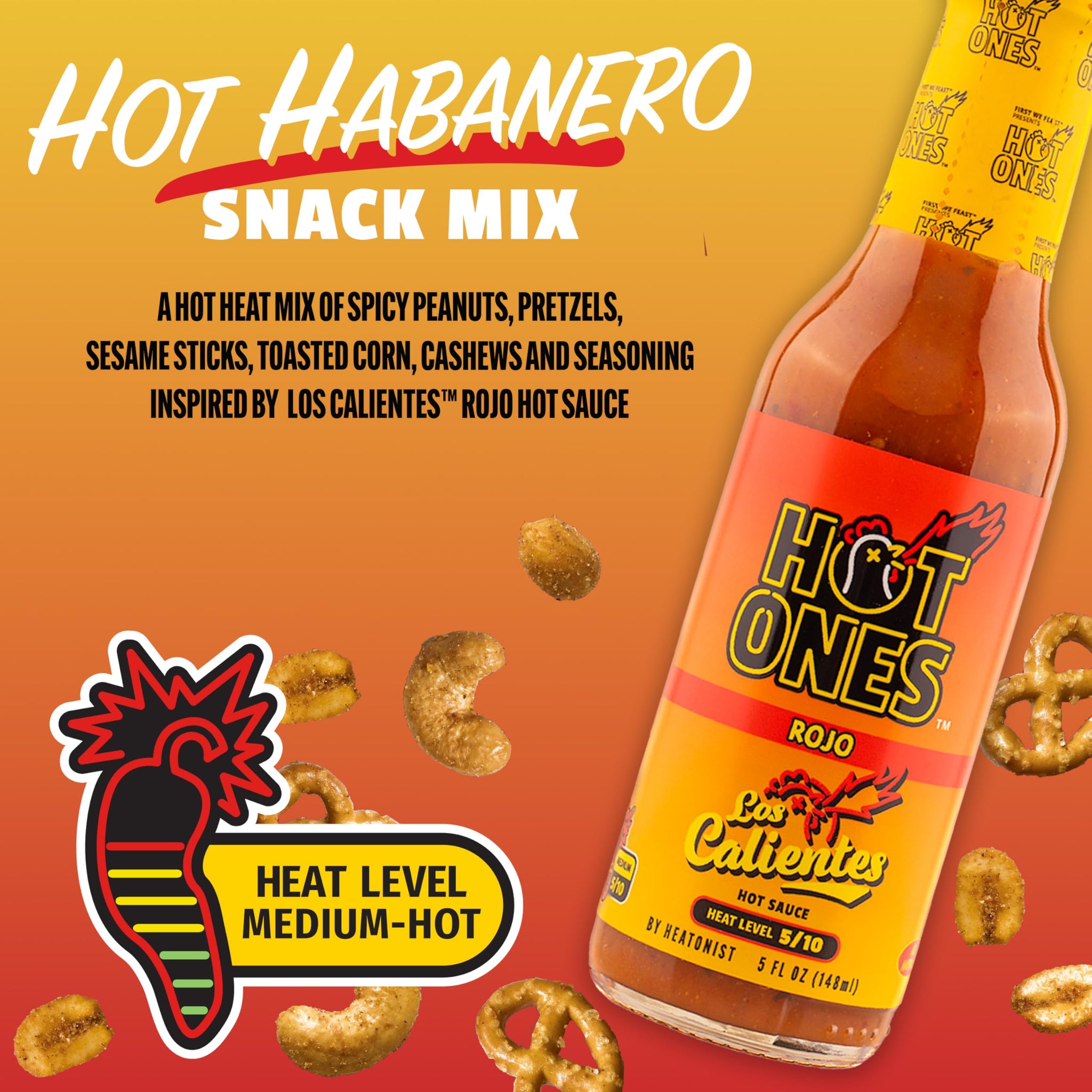 Snak Club x Hot Ones Snack Mix, Hot Habanero, Sweet Smoky, and Tangy Chili, Spicy Snacks with Peanuts, Pretzels, Sesame Sticks, Toasted Corn, Cashews