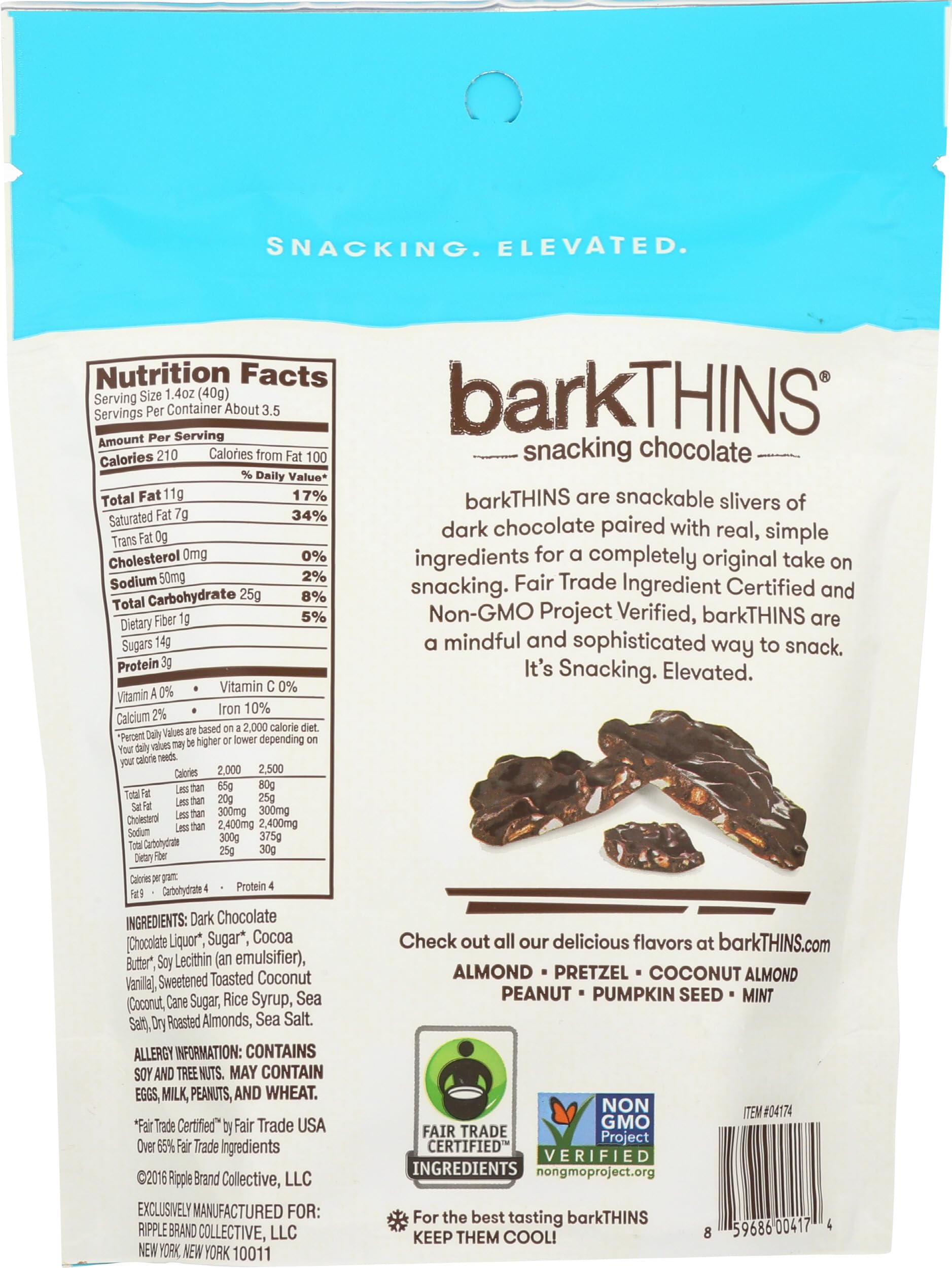 barkTHINS Dark Chocolate, Coconut and Almond Snacking Chocolate Bag, 4.7 oz