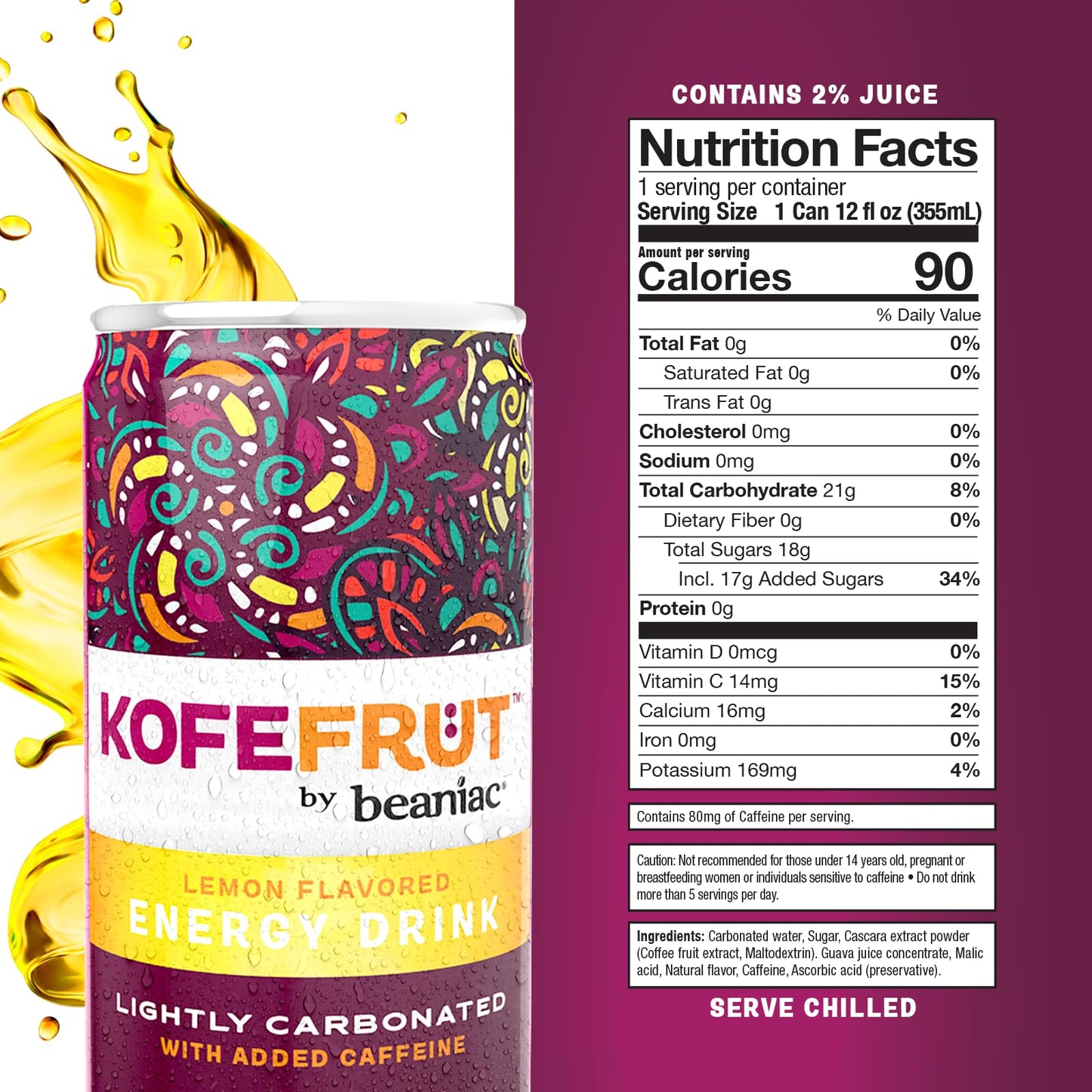 KOFEFRUT by beaniac Caffeinated Energy Drink, Lemon, Lightly Carbonated, Reduced Sugar, 80mg Caffeine, Polyphenols, Antioxidants, Vitamin C, 12 Fl Oz
