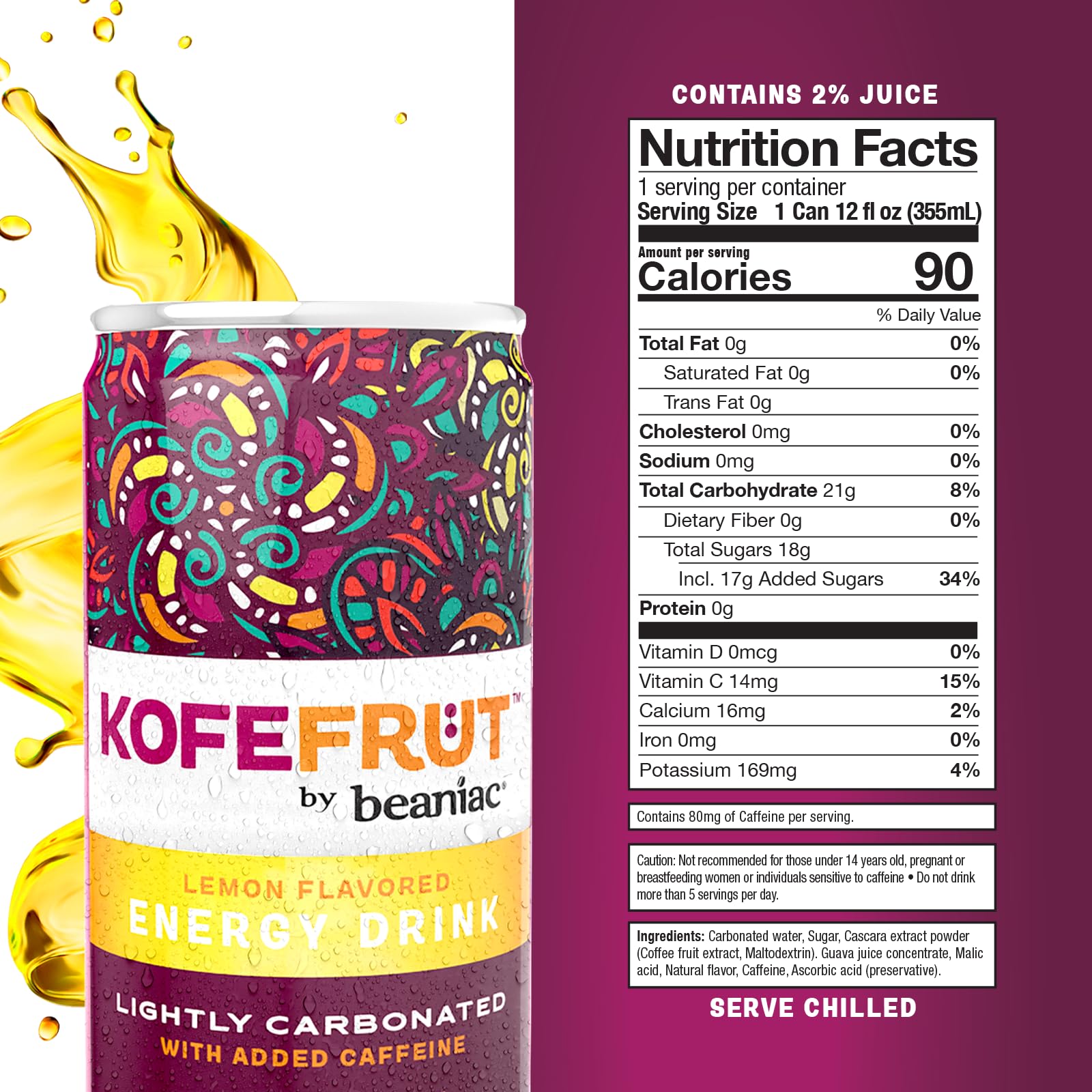 KOFEFRUT by beaniac Caffeinated Energy Drink, Lemon, Lightly Carbonated, Reduced Sugar, 80mg Caffeine, Polyphenols, Antioxidants, Vitamin C, 12 Fl Oz