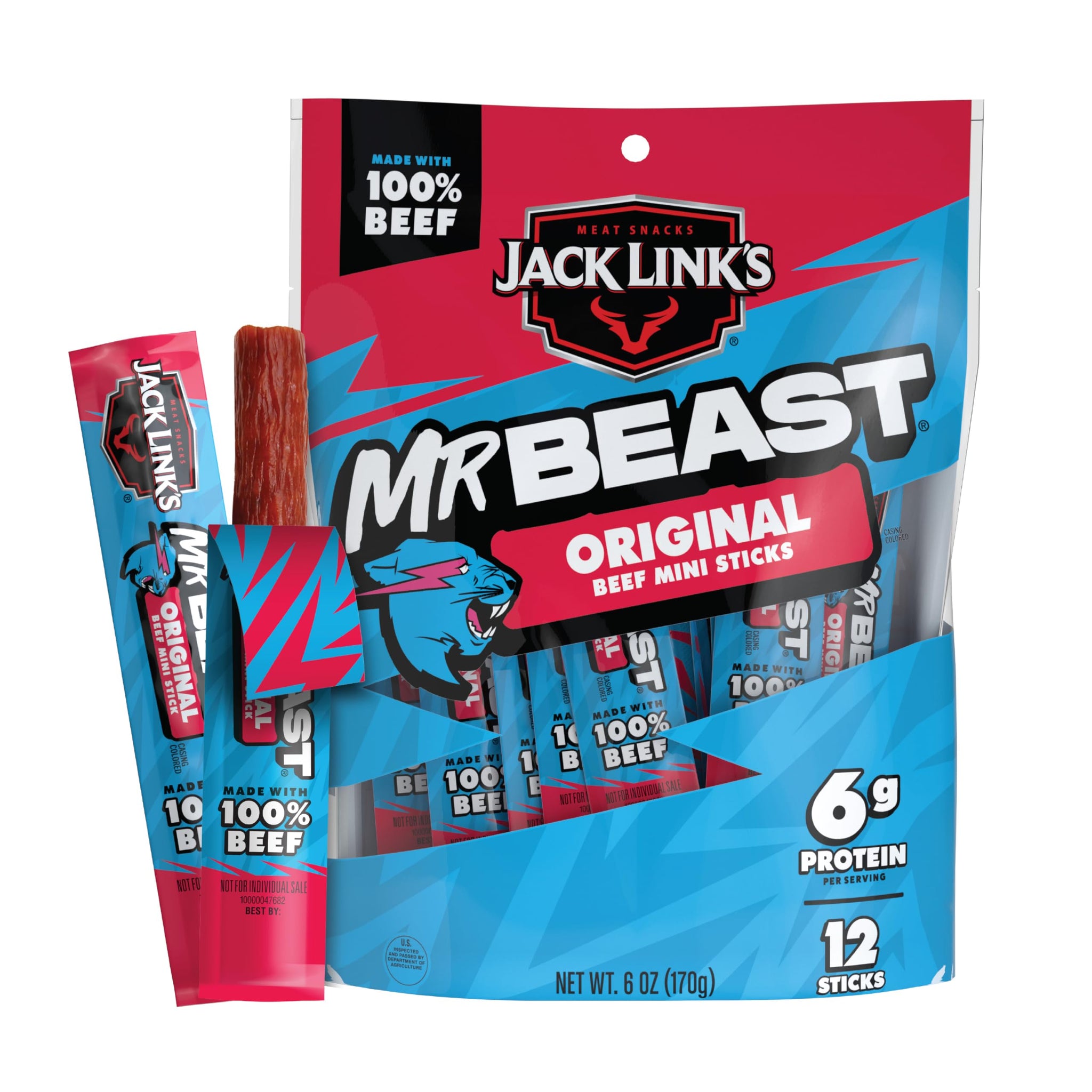 Jack Link's x MrBeast Original Mini Beef Jerky Sticks - Individually Wrapped Protein Snacks - 6g Protein per Serving - Made with 100% Real Beef - (12