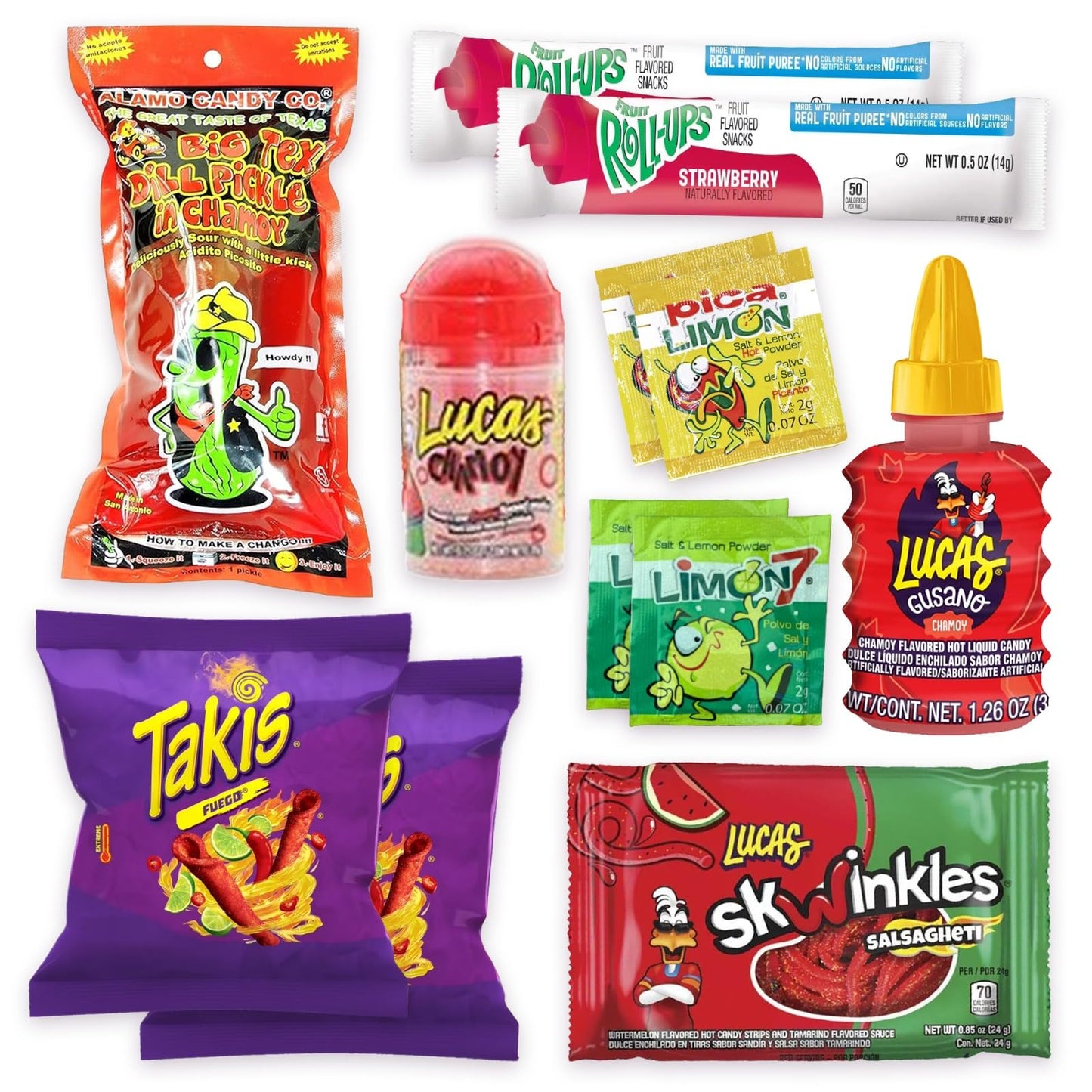 Chamoy Pickle Kit with Candy & Snacks Fruit Rolls, Chips, Lucas Gusano, Skwinkles, Salsagheti 12-Unit Kit
