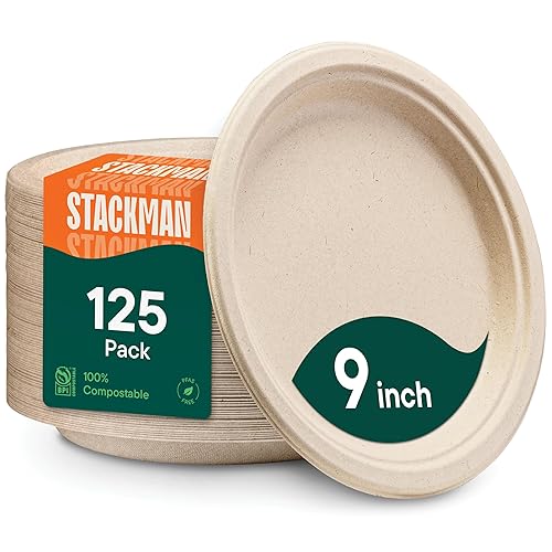 100% Compostable Paper Plates, Heavy Duty Disposable Plates [125-Pack] 9 Inch Plates - Eco-Friendly, Biodegradable Sugarcane Bagasse, Natural