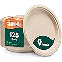 100% Compostable Paper Plates, Heavy Duty Disposable Plates [125-Pack] 9 Inch Plates - Eco-Friendly, Biodegradable Sugarcane Bagasse, Natural