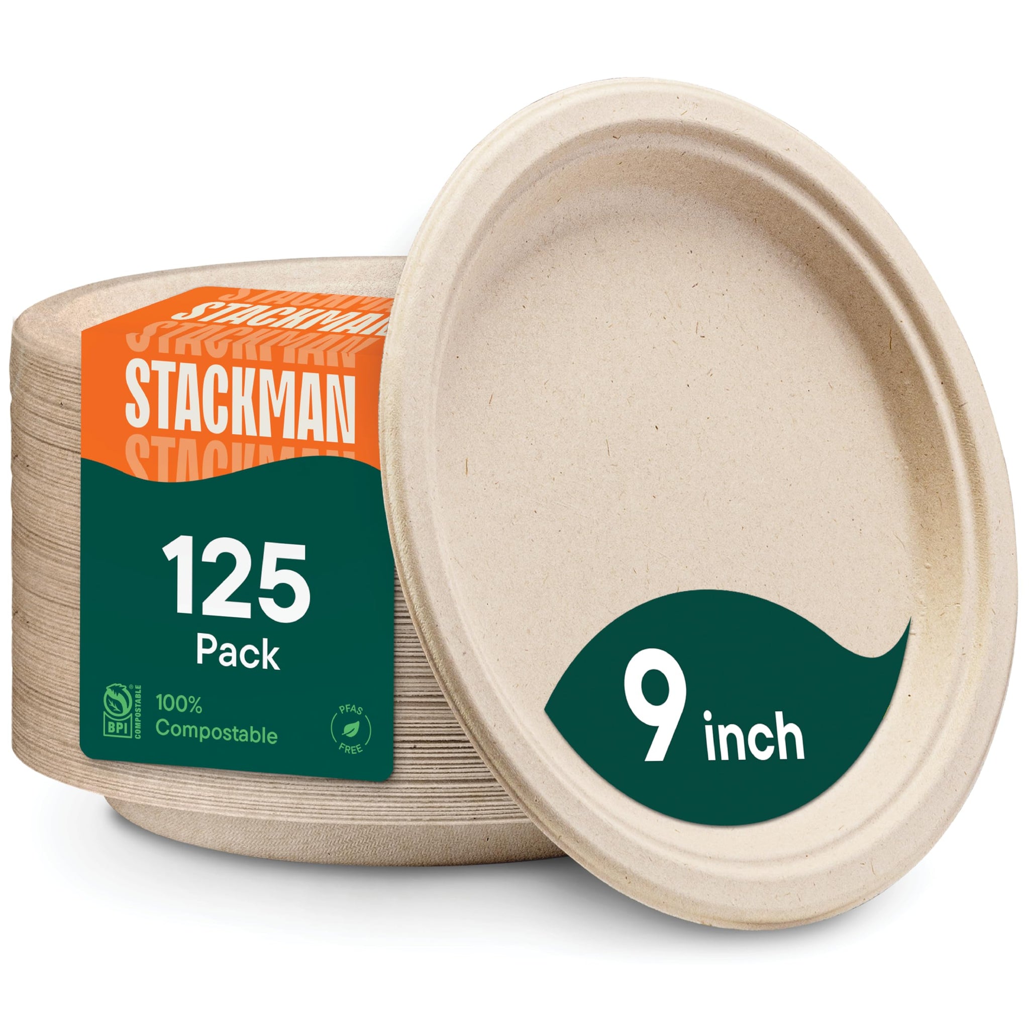 100% Compostable Paper Plates, Heavy Duty Disposable Plates [125-Pack] 9 Inch Plates - Eco-Friendly, Biodegradable Sugarcane Bagasse, Natural