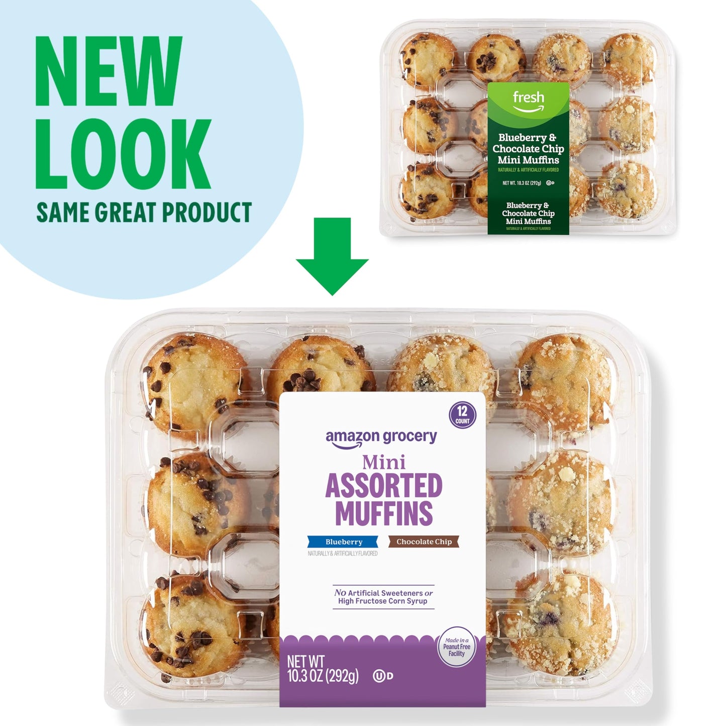 Amazon Grocery, Mini Assorted Blueberry & Chocolate Chip Muffins, 10.3 Oz, 12 Ct, Frozen