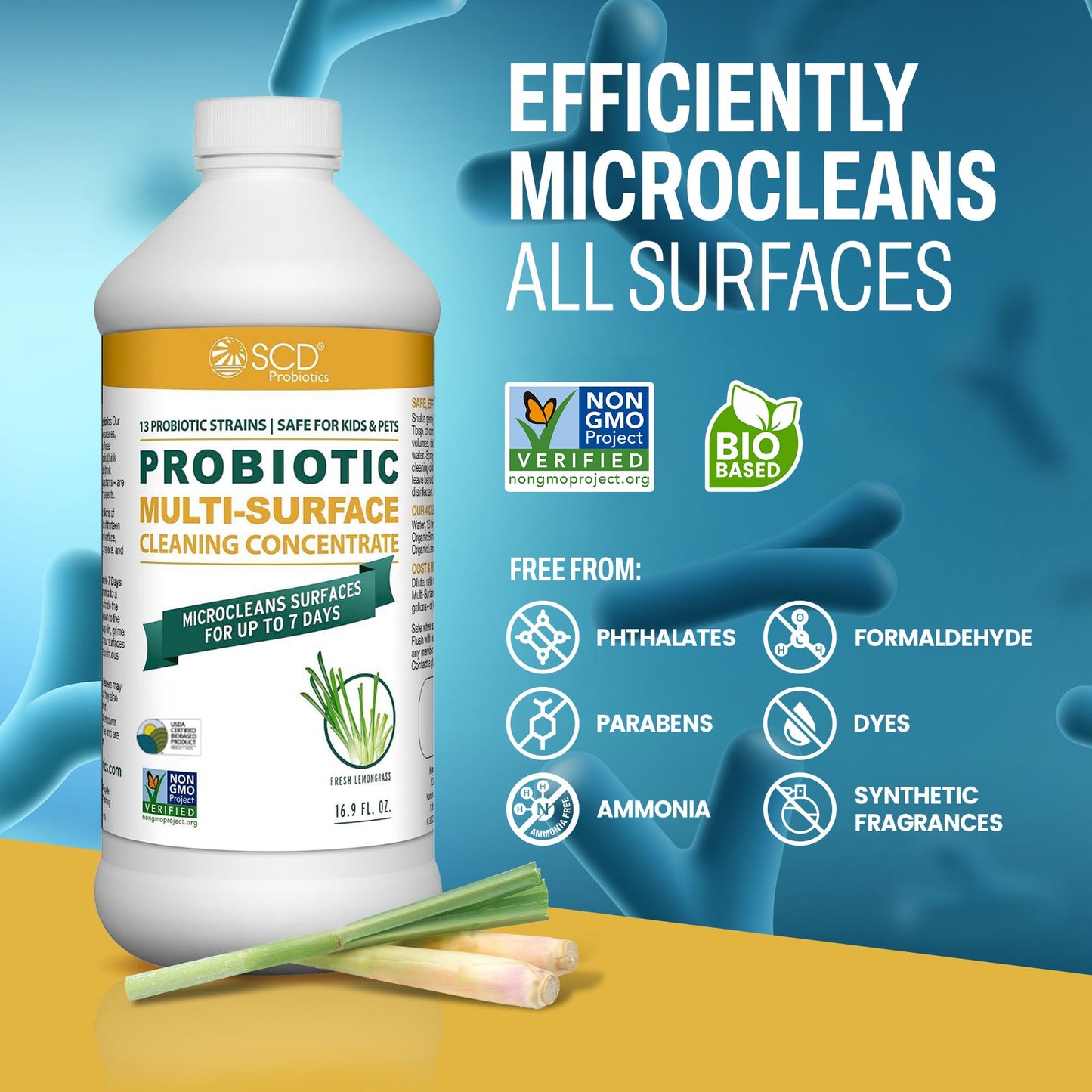 Probiotic Multi-Surface Cleaning Concentrate, Lemongrass - USDA Certified Biobased, Microcleans Surfaces for Up to 7 Days, Refill Bottle Makes 2 Gal